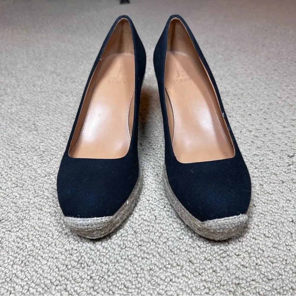 J.Crew Seville Black Canvas Wedge Espadrilles Sz 8.5 Timeless Summer Staple